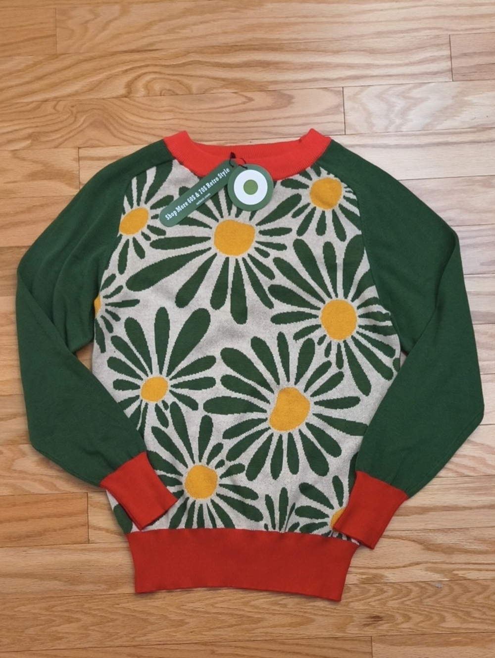 OXknit Women's Retro Floral Crewneck Sweater Contrast Sleeves Size L NWT